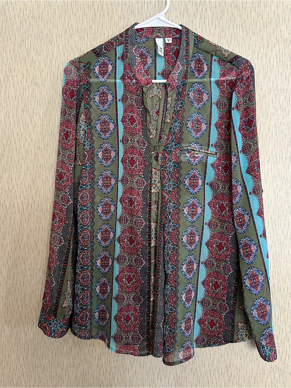 Kut Womens Sheer Green Floral Pattern Button Down Shirt Blouse Size Medium
